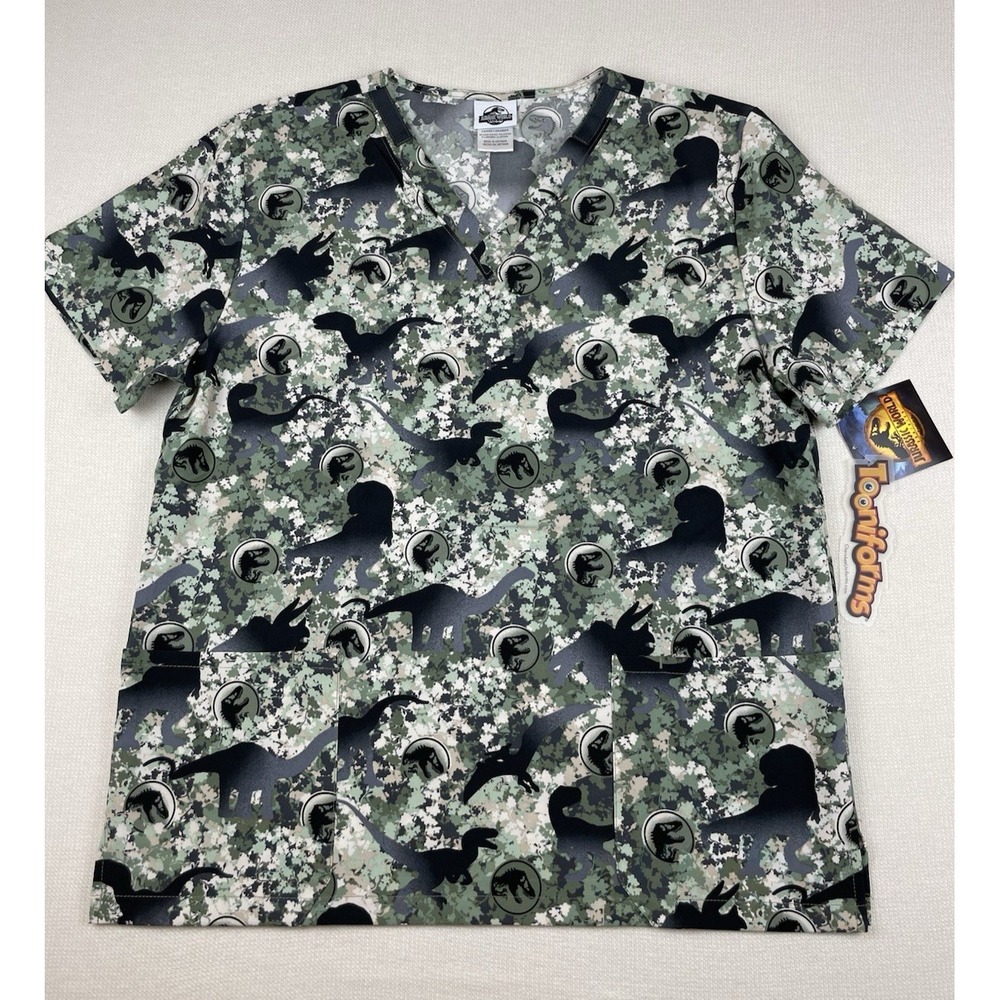 Jurassic World Cherokee Tooniforms Unisex LARGE Scrub‎ Top Short Sleeve Dinosaur